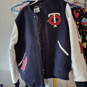 Kids Navy and White Twins Varsity Jacket